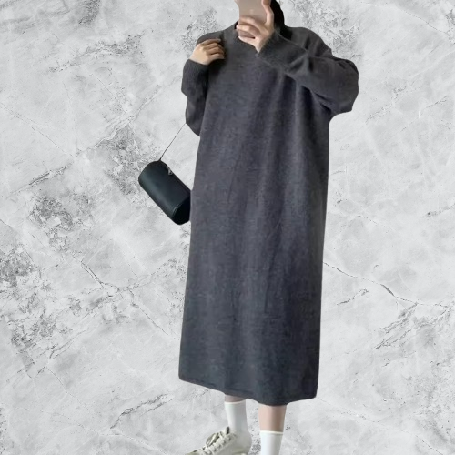 "Women's Minimalist Knitted Wool Dress - Loose, Knee-Length"
